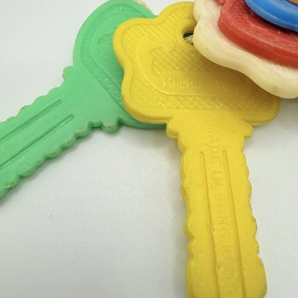 Vintage 1960s Klickum Key Baby Toy Keys Ring Set of 7 with Puffy Heart on String